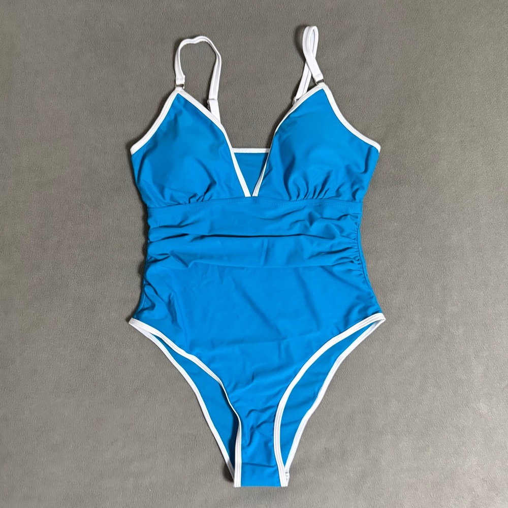 One Piece Swimsuit Womens Size M Blue White Ruched V-Neck NWOT High Cut Sporty